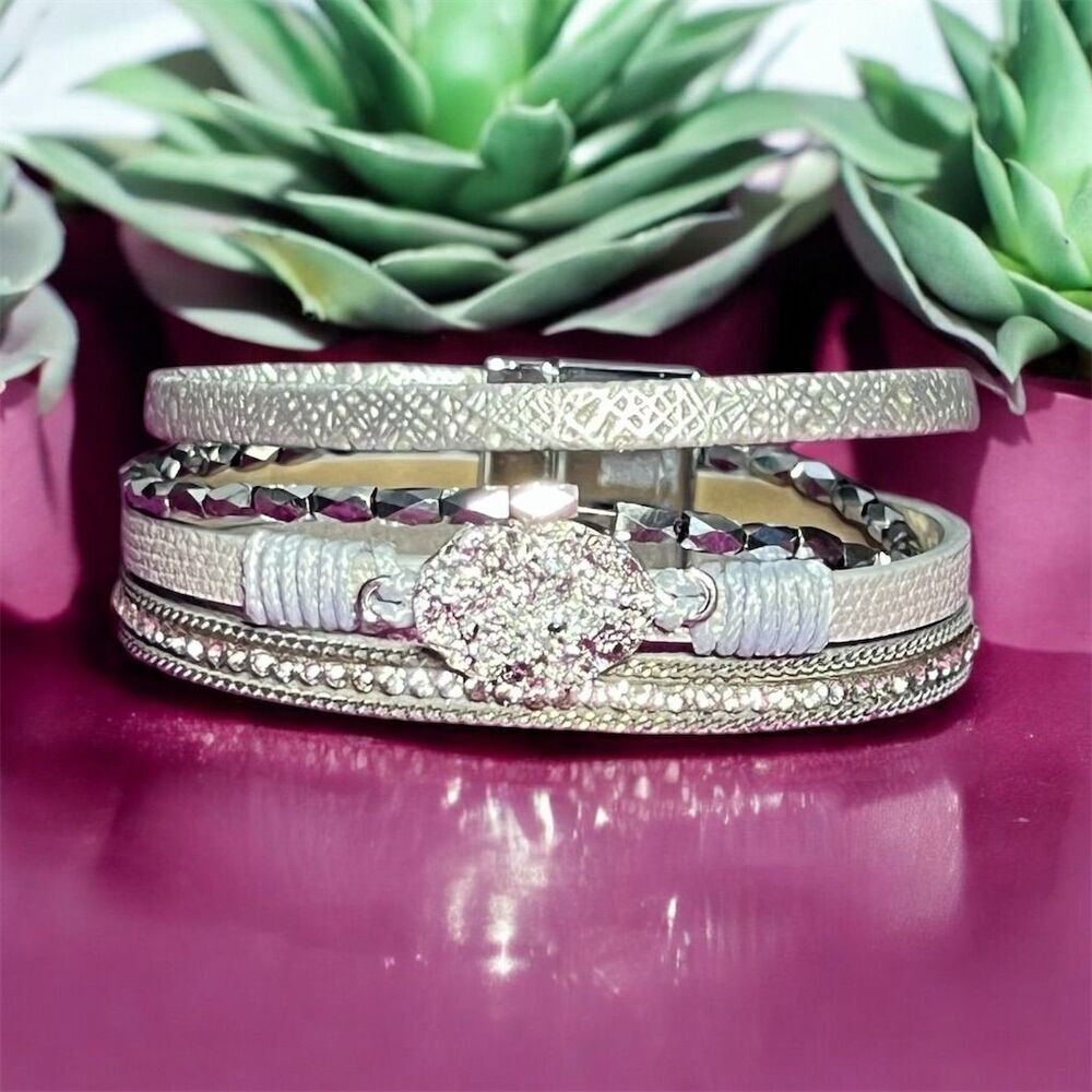 Boho Leather Wrap Bracelet with Rhinestones and Magnetic Clasp - Picture 2 of 13